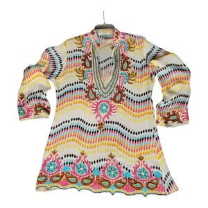 TAJ By Sabrina Crippa Silk Beaded And Embroidered Tunic Top 3/4 Sleeve Sz Large